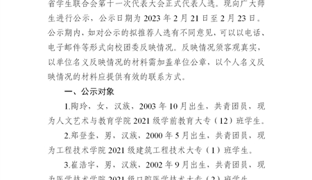 关于拟推荐为甘肃省学生联合会第十一次代表大会正式代表人选的公示